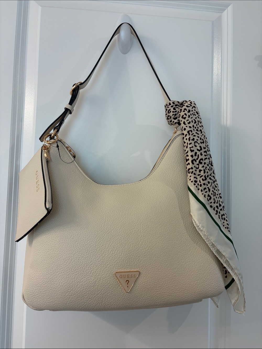 GUESS Cream Pebbled Hobo with Scarf Accent